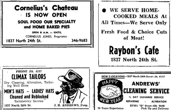 Ads for Cornelius's Chateau, Raybon's Cafe, Climax Tailors and Andrews' Cleaning Service